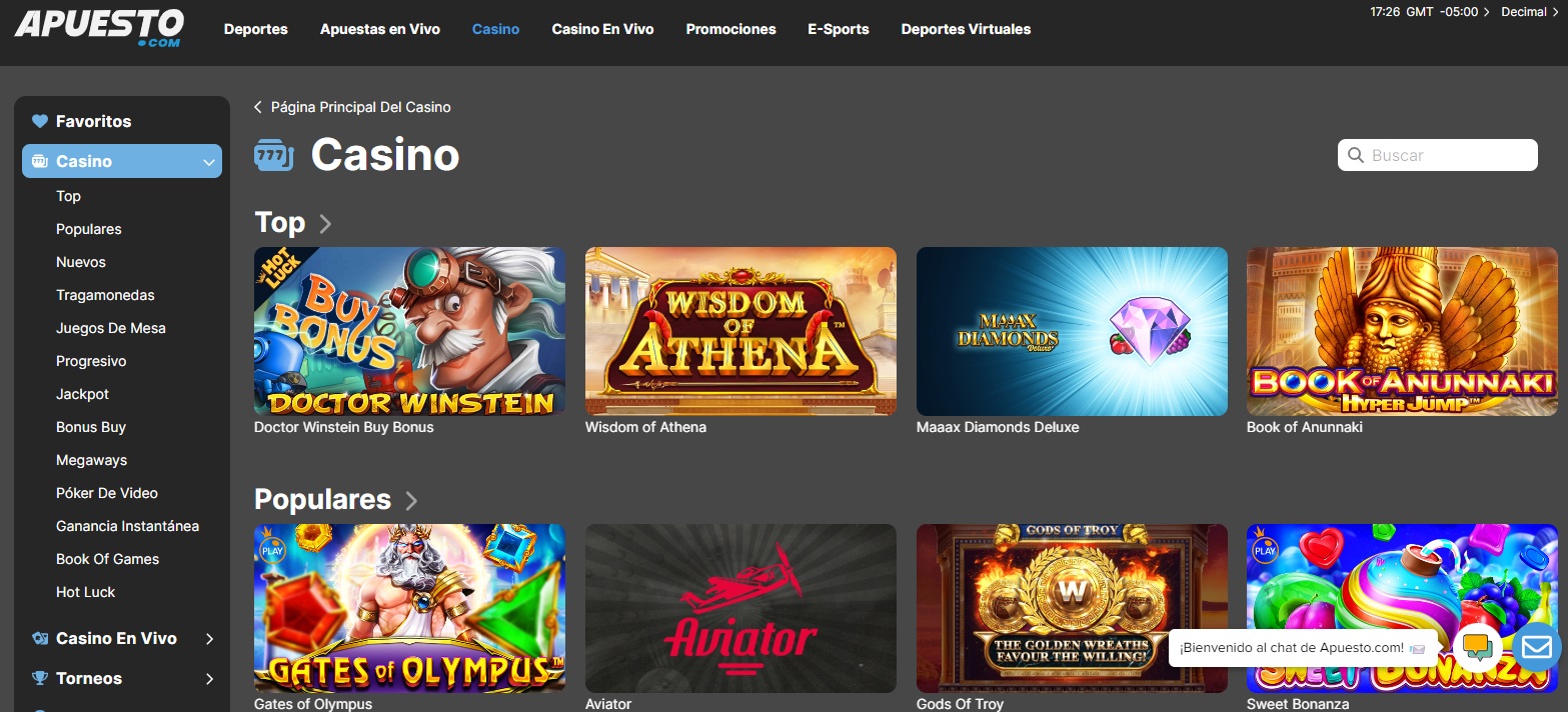 Juegos de casino en Apuesto.com Sección de juegos de casino en Apuesto.com